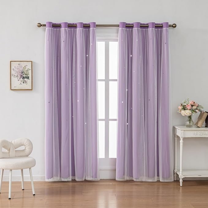Ombre Rainbow Blackout Curtains for Kid Girls Bedroom Living Room Darking Stripe Double Layer Star Cut Out Wall Home Decor Gradient Grommet Window Curtains (Purple 63L)
