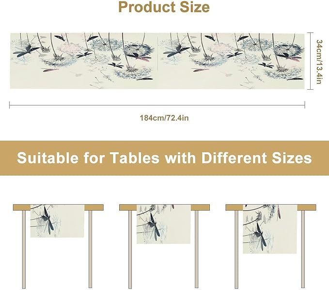 Dandelion Table Runner,Nature Rustic Dragonfly Teal Blue Floral Pattern Print Burlap Tablecloth for Hotel Indoors Outdoor Dining Room Kitchen Table Decor, 13x90in