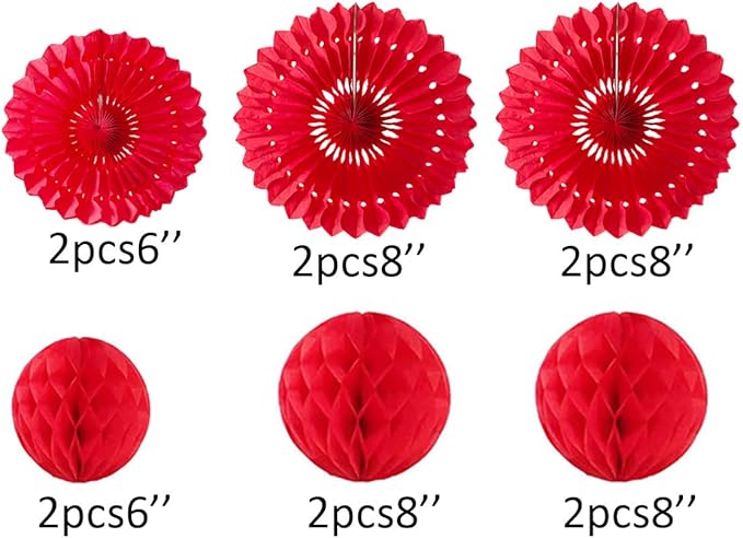 12pcs 6'' 8'' Red Honeycomb Balls Tissue Paper Fans Party Honeycomb Ball Fans Wall Decor Tissue Pom Poms Flower Balls Hanging Paper Fans for Party Baby Shower Birthday Wedding Nursery Decor(red kit)