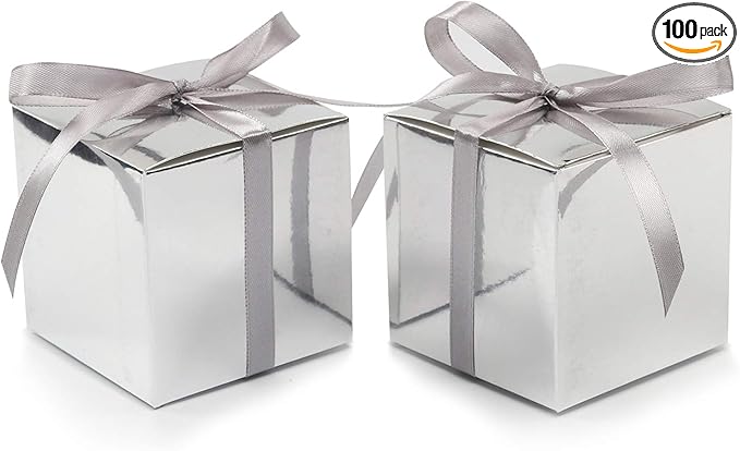 COTOPHER 100pcs Wedding Favor Boxes, Paper Gift Boxes 3x3x3 Inches Small Gift Boxes with Ribbons Small Boxes for Gifts, Crafting, Cupcake, Candy, Bridesmaid Proposal Boxes (Metallic Silver)