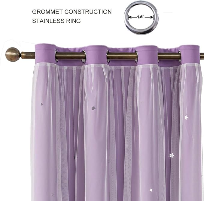 Ombre Rainbow Blackout Curtains for Kid Girls Bedroom Living Room Darking Stripe Double Layer Star Cut Out Wall Home Decor Gradient Grommet Window Curtains (Purple 72L)