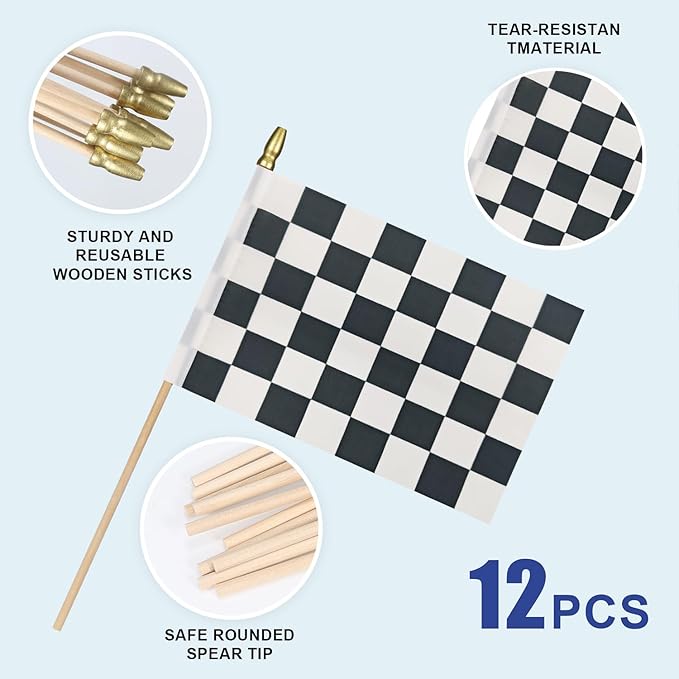 12Pcs Small Checkered Black and White Racing Flags on Wooden Stick Mini Race Car Flag Hand Held Flag Decorations,5x8 Inch