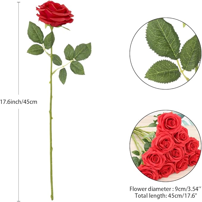Artificial Rose 10pcs Red Silk Flower Faux Artificial Roses with Long Stems for Wedding Arrangement, Bridal Bouquet, Centerpiece, Fake Faux Silk Flowers