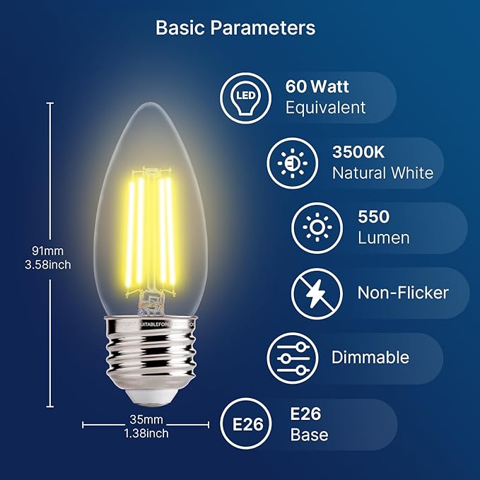 FLSNT 60W Equivalent LED Chandelier Light Bulbs, Dimmable LED B11 E26 Candelabra Base Bulbs, 3500K Natural White, 550LM, 12 Pack UL,CA65 Listed.