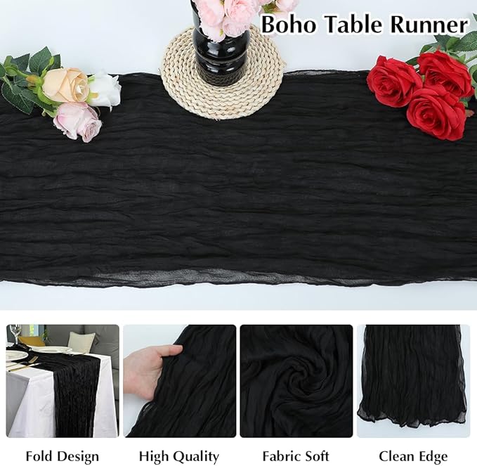 Black Cheesecloth Table Runner -21*120Inch Long Boho Wedding Table Decor, Rustic Gauze Fabric Runner for Bridal Showers, Baby Showers & Parties (Sheer, Lightweight, Wrinkled Design)