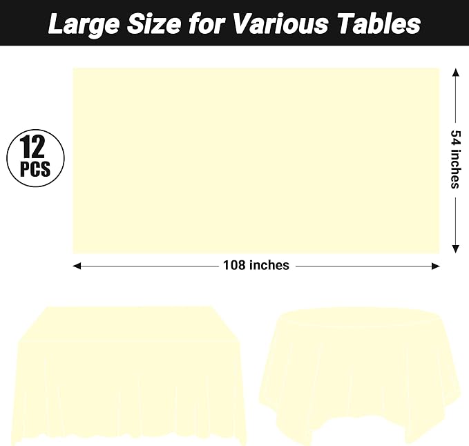 QZYL 12 PCS Ivory Plastic Tablecloths, 54 in x 108 in Dinner Table Cloths, Rectangle Table Cover for Birthday Party Family Gathering Wedding