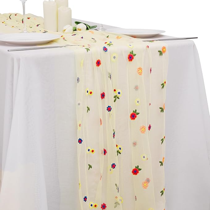 BINBE 1pcs Daisy Fall Table Runner Embroidery Gauze 10FT Florals Seasonal Tulle Holiday Birthday Kitchen Dining Table Decor for Home Party Yellow