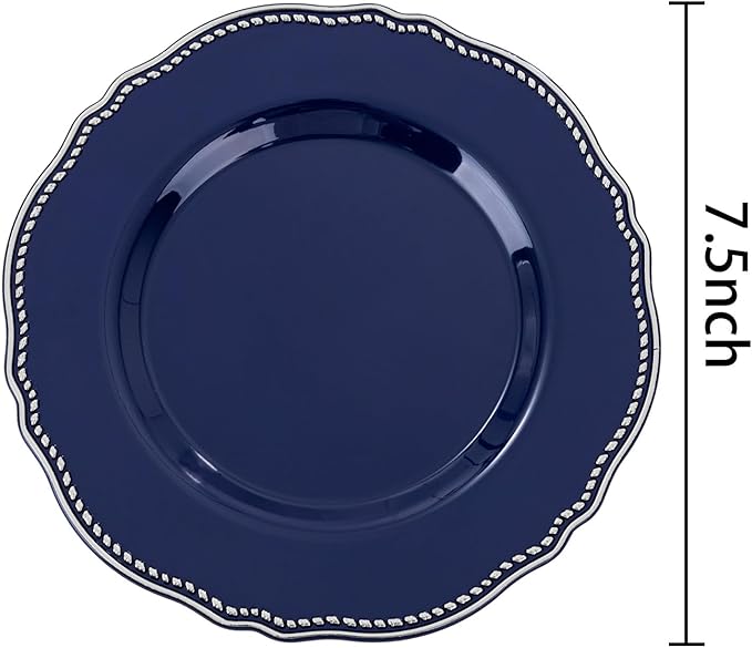 Hioasis 60pcs Blue Plastic Plates - Blue and Silver Disposable Dinnerware with Gold Rim, Heavy-duty, 7.5 inch, Dessert Plates for Party & Wedding