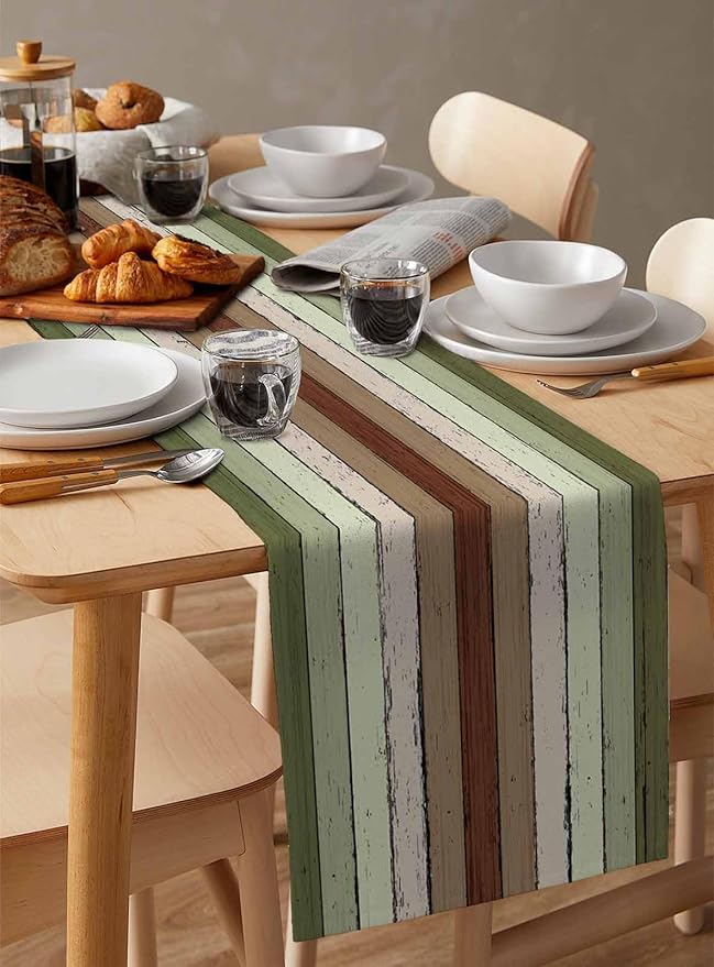 Sage Green Wooden Cotton Linen Table Runner for Dining Kitchen, Wedding Outdoor Party Tablerunners Decoration, Vintage Country Retro Distressed Grain Dresser Scarf Coffee Tablecloth Runners 13''x120''