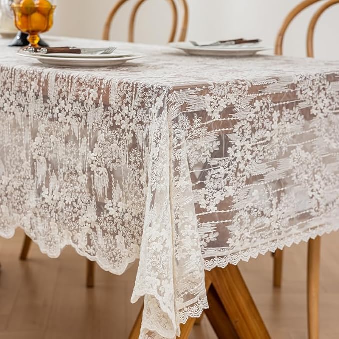 Lace Embroidered Tablecloth. Square Lace Vintage Tablecloth Dustproof Table Protector for Kitchen Dining Room Party Banquet Home Picnic Wedding Decoration (Creamy White 53×53 inch)