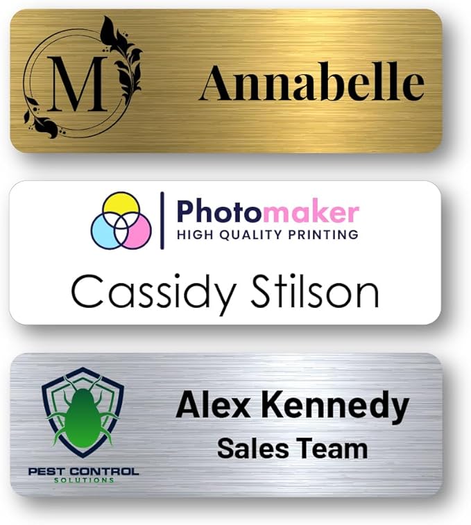 Custom Name Tags - Full Color Logo Name Tags - Scratch Resistant Metal Front & Hard Plastic Back (1x3 Inch, Silver)