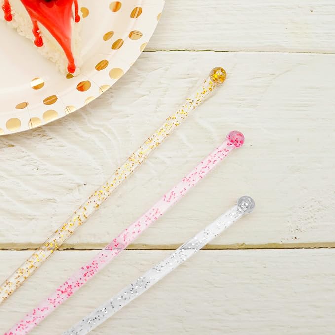 100-PCS Gold Pink Silver Glitter Plastic Swizzle Sticks, Crystal Cake Pops, Cocktail Coffee Drink Stirrers, Stir Sticks for Christmas Party Wedding, 7.24 Inch