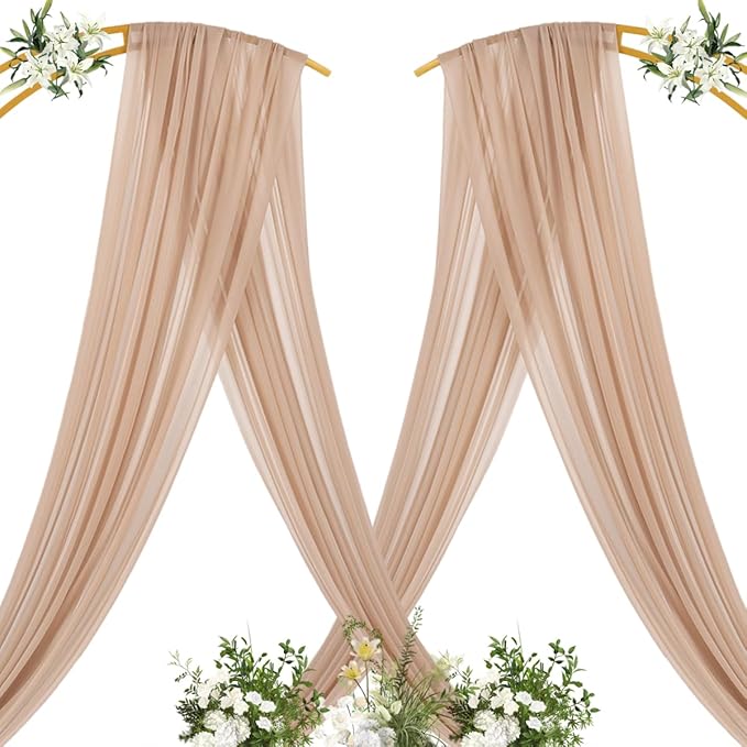 MLMC Nude Wedding Arch Draping Fabric 4 Panels 29" x 20 FT Extra Long Gauze Drapes Sheer Backdrop Curtains 6.6 Yards Outdoor Drapery Panels for Wedding Ceremony Party Ceiling Decoration