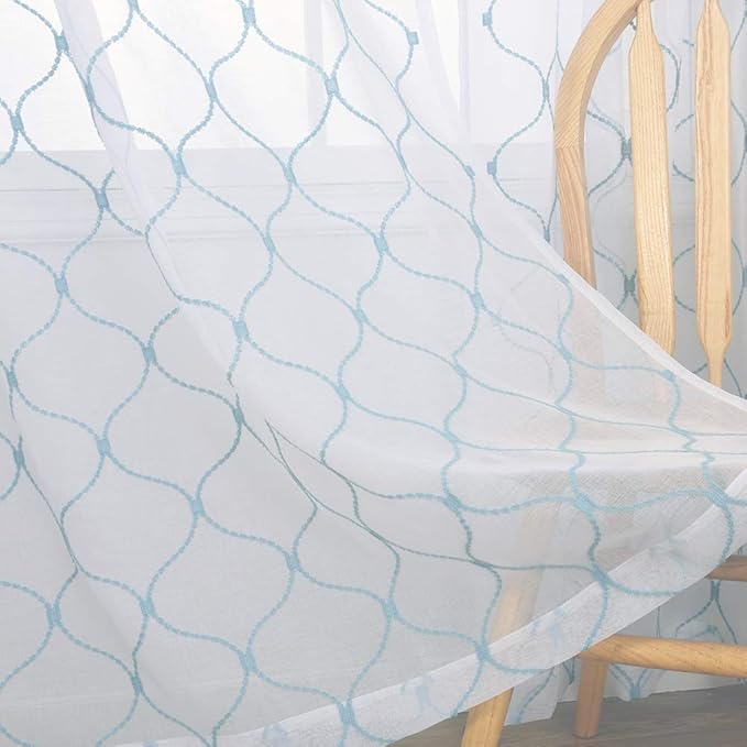 Embroidery Sheer Curtains Blue 63 Inches, Rod Pocket Voile Drapes for Living room, Bedroom, Window Treatments Wave Diamond Semi Crinkle Curtain Panels for Yard, Patio, Villa, Set of 2, 52"x 63".