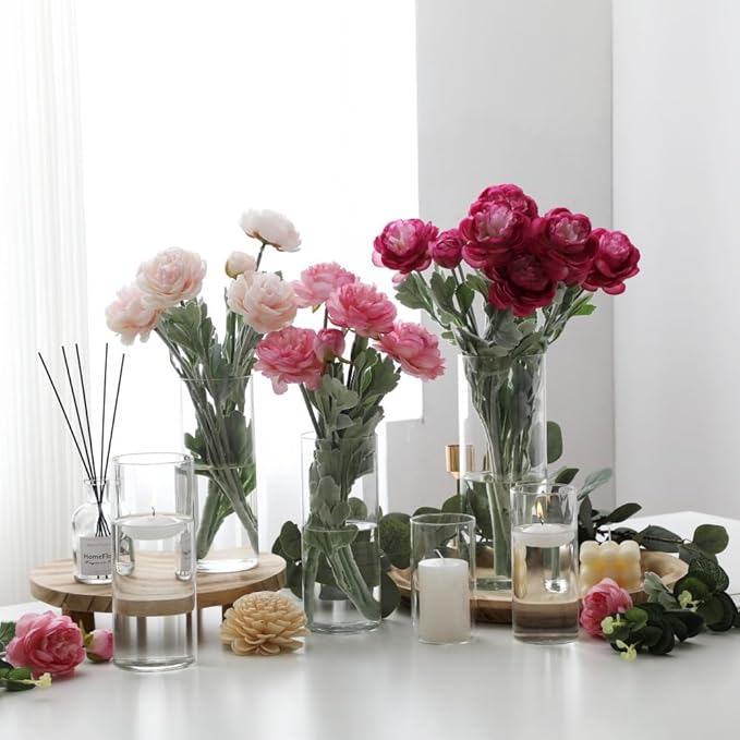 Set of 4 Pcs Glass Cylinder Vases for Centerpieces with 6 Pcs White Floating Candles for Centerpieces Glass Candle Holder for Table Shelf Wedding Party Home Decor (S+M+L+XL)