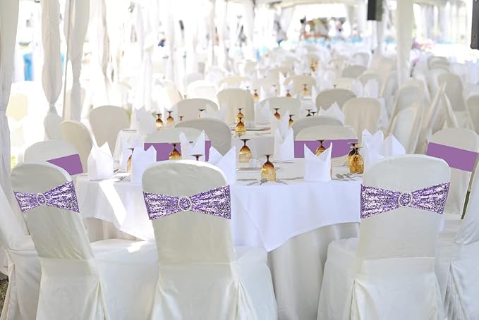 50 Pcs Sequin Chair Sashes Stretch Chair Bands Spandex Polyester Bows for Party Hotel Wedding Banquets Decoration - Lavender