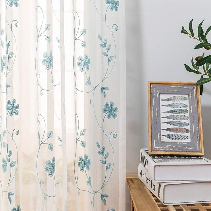 Floral Embroidery Sheer Curtains Blue 95 Inches Long, Window Treatments Rod Pocket Drapes for Living room, Bedroom, Semi Crinkle Voile Curtain Panels for Yard, Patio, Villa, Parlor, Set of 2, 52"x95".