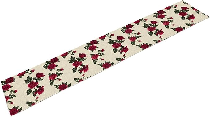 Vintage Rose Table Runner, Red Flowers Green Leaves Valentine's Day Table Runner for Kitchen Dinning Table Runner Decor Home Wedding Party Holiday, 13x120 Inch