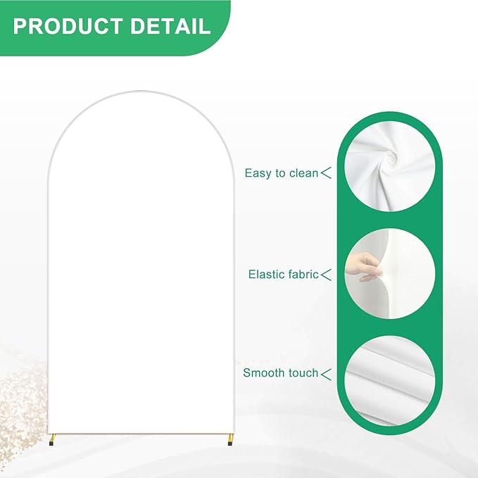 Metal Arch Backdrop Stand and Cover Set, 7.2FT White Reusable Spandex Fitted Backdrop Cover and Gold Wedding Arch Frame for Baby Shower, Birthday, Parties Decoration.