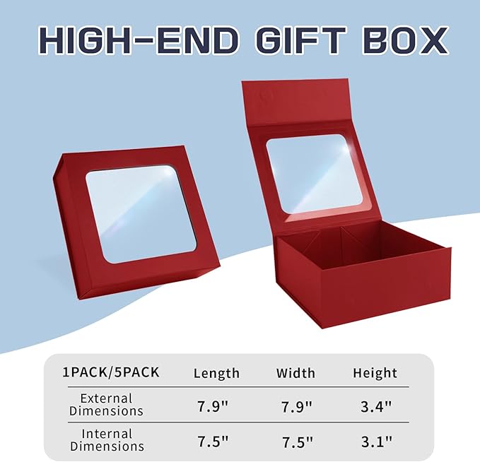Red Gift Boxes with Window,7.5"x7.5"x3.1" Bridesmaid Boxe for Gift Giving,Birthday Gift Box with Magnetic,Closure Lid Gift Boxes for Presents,Cute Boxe,Luxury for Gift Packaging,Gift Box for Wrapping Gifts