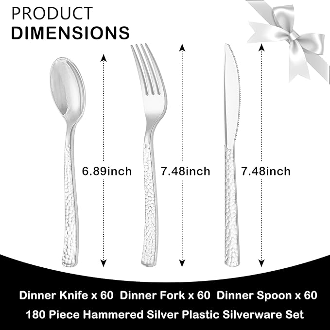 Supernal 180 pieces Silver Plastic Silverware, Disposable Plastic Silverware Heavy Duty, Silver Disposable Cutlery Sets Include 60 Forks, 60 Knives and 60 Spoons Suitable for Birthday, Party, Wedding