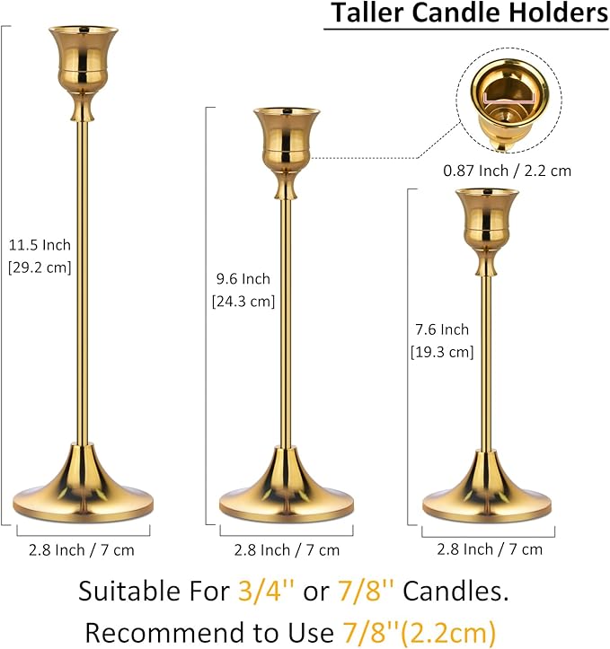 Metal Candle Holders for Candlesticks Taper Candlestick Holders Set Vintage Decorative Centerpiece Candelabra Tall Candle Stands for Halloween Thanksgiving Christmas (Gold, 1 Set (3 pcs))