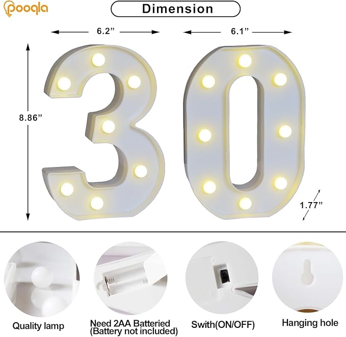 Pooqla 30th Birthday Decorations for Her Him, 35 Colors LED Light Up Numbers with Remote, Multicolor Marquee Numbers 30 Sign for Party Wedding Anniversary Decor 30th Birthday Gift, Number 30