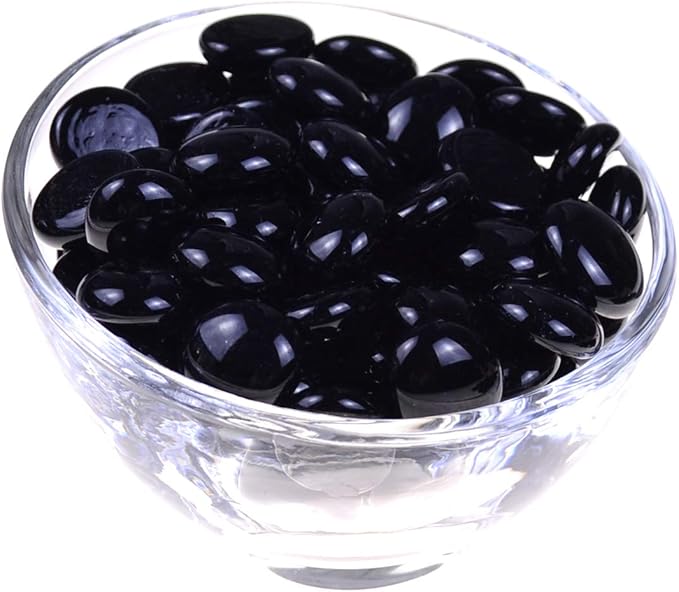 KINGOU Flat Glass Gems/Marbles/Stones/Beads for Vase Filler, Table Scatter, Games - 1 Lbs (17-19mm, Approx. 3/4") - Black