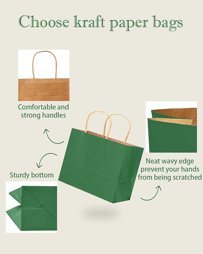 qiqee 100PCS Large Gift Bag with Handles Bulk 13"x4.5"x10" Gift Bags Kraft Deep Green Multiple Uses (32x11x25cm,Wide Large)
