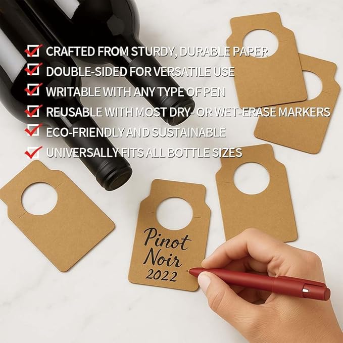 100 PCS Wine Bottle Tags –Paper Hanging Cellar Labels for Bottle Neck, Double-Sided Writable Gift Tags for Wine Racks, Champagne & Homebrew Organization (Kraft,)