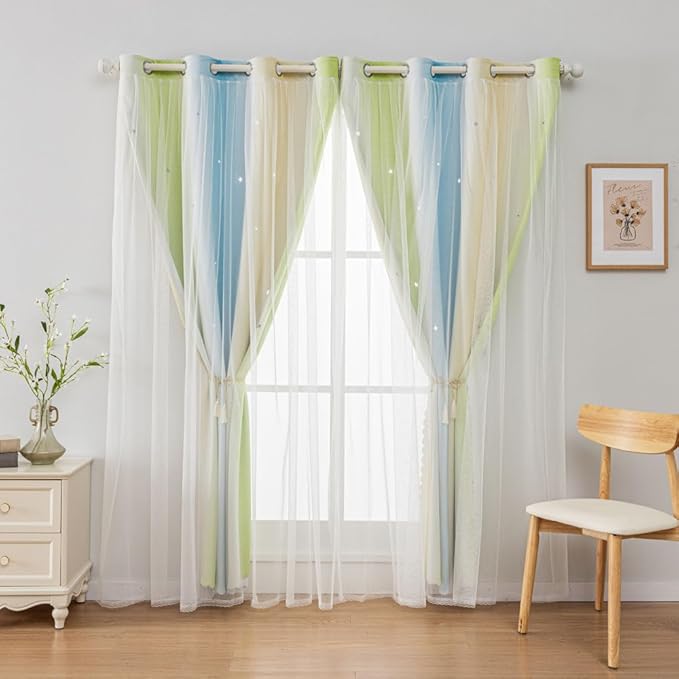 FANLI Ombre Rainbow Blackout Curtains for Kid Girls Bedroom Living Room Darking Stripe Double Layer Star Cut Out Wall Home Decor Gradient Grommet Window Curtains （Blue Green 52Wx63L）
