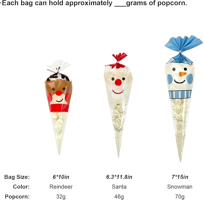 EKAPACKAGING 50Pcs 7x15 Inches Snowman Print Cone Shaped Treat Bags with Ties, Christmas Clear Cellophane Bags, Party Favor Bags for Popcorn, Cookies, Cotton Candy, Gift, and Pretzel Rod