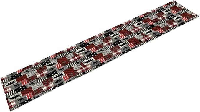 Rustic Farm Table Runner,Vintage Woodland Deer Bear Animal Buffalo Plaid Print Tablecloth Burlap for Hotel Indoors Outdoor Dining Room Kitchen Home Decor,W13X L36 in