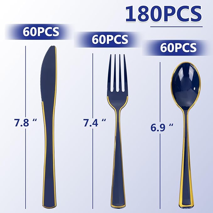 WDF 180PCS Blue Plastic Silverware -Blue and Gold Plastic Cutlery 60 Forks, 60 Knives, 60 Spoons - Heavy Duty Disposable Silverware for Party/Wedding/Space Themed Birtyday Party