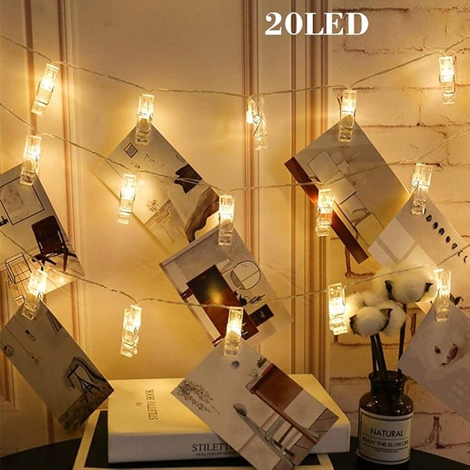 Dopheuor LED Photo Clip Copper String Lights Starry Fairy Warm White Lights Battery Powered for Hang Pictures Cards Bedroom Wall Decorations Christmas Patio Halloween Thanksgiving Wedding Party Décor