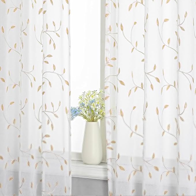 VISIONTEX White Sheer Voile Curtains, Decorative Orange Leaves Embroidery Faux Linen Rod Pocket Window Drapes for Home Kitchen, Living Room and Bedroom 54 x 108 Inch, Set of 2 Curtain Panels