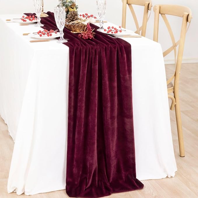 MLMC 2 Pack Burgundy Velvet Table Runner 10ft Elegant Luxury Wine Red Velvet Fall Table Runner 20x120 Inches Table Decor for Wedding Bridal Shower Home Party Thanksgiving Christmas Decor