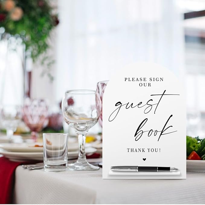 White Acrylic Guest Book Sign, Please Sign Our Guestbook Sign with Stand- 8x11 Inch Modern Calligraphy Arch Diagonal Acrylic Sign for Wedding Reception, Wedding Decoration Sign-bs-hlp05