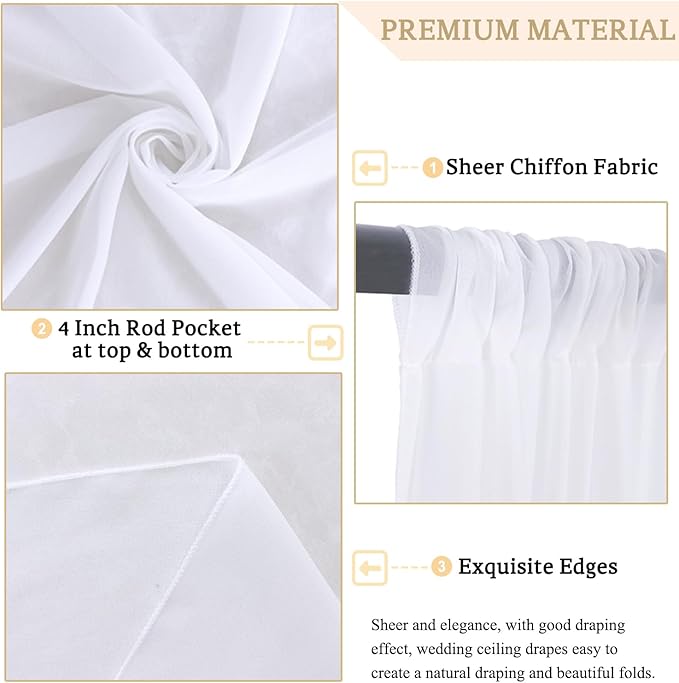 MODFUNS Ceiling Drapes for Parties White Sheer Chiffon Curtains 5x30FT 6 Panels Wedding Arch Drapes Fabric Sheers Arbor Drapery Tulle Ceiling Covering Fabric for Ceremony Stage Arbor Ornament