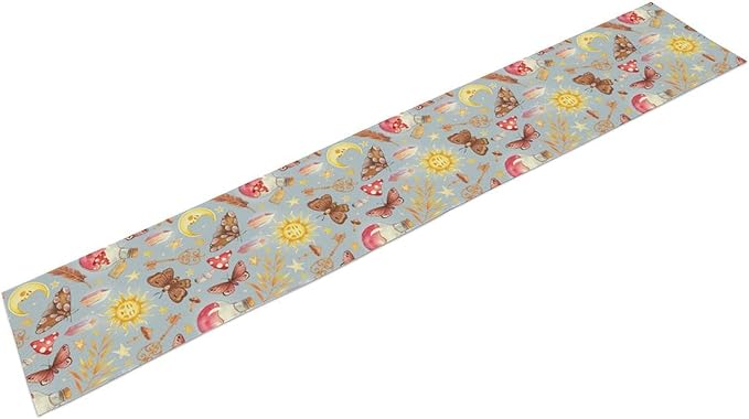 Boho Sun Moon Table Runner Mystical Rustic Butterfly Mushroom Star Table Runner for Kitchen Living Room Dinner Holiday 13x70 Inch