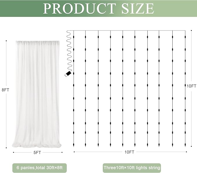 Tulle Backdrop Curtain with Lights String 30 X 8FT Ivory Sheer Tulle Backdrop Curtains for Wedding Birthday Party Reception Photo Booth Background Decorations (6 Panels 5x8FT)