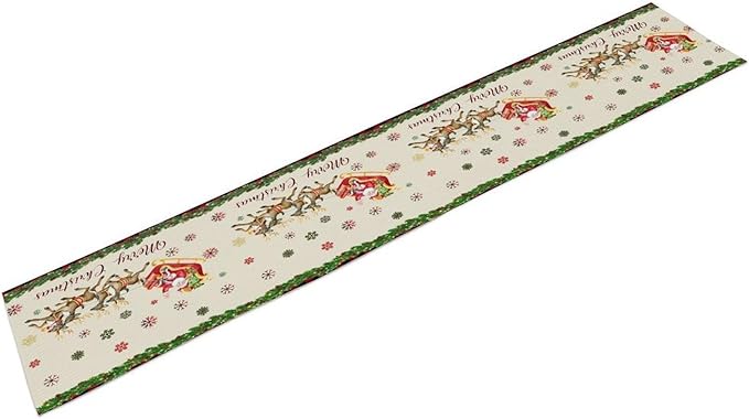 Christmas Table Runner,Xmas Deer Cute Santa Claus Red Plaid Pattern Printed Tablecloth Burlap for Hotel Indoors Outdoor Dining Room Kitchen Home Decor,W13X L90 in