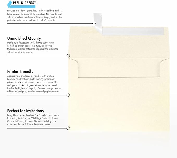 LUXPaper A7 Invitation Envelopes | Peel & Press | 5 1/4" x 7 1/4" | Champagne Metallic | 80lb. Text | 50 Qty