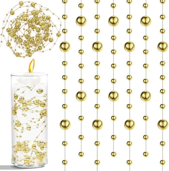 50pcs Pearls String Beads of Pearls, 10+5mm Bright Gold Artificial Pearl String for Floating Candles Centerpieces, Vase Filler, Wedding Centerpiece Christmas Party Decor