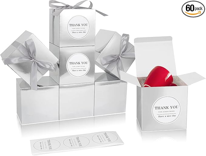 COTOPHER Small Gift Boxes 60 Pack 4x4x4 inches Silver Gift Boxes with Lids for Gifts, Crafting, Wedding Party Favor, Cupcake Boxes, Candy, Bridesmaids Proposal Box with Ribbons and Stickers (Metallic