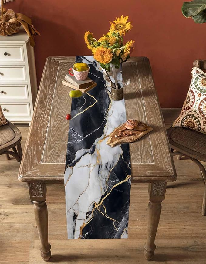 Black White Marble Cotton Linen Table Runner for Dining Kitchen, Wedding Outdoor Party Tablerunners Decoration, Nature Marble Crack Modern Art Dresser Scarf Coffee Tablecloth Runners 13x48 Inches