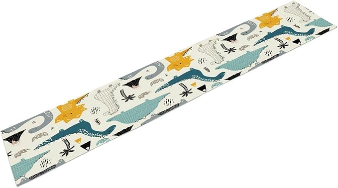 Cartoon Dinosaur Table Runner,Kids Boys Cute Various Dino Moutain Modern Abstract Print Tablecloth Burlap for Hotel Indoors Outdoor Dining Room Kitchen Holiday Party, 13x90in