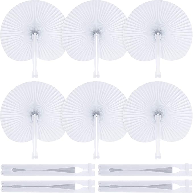 ZWIN 48 Pcs Paper Fans Wedding Paper Fans for Guests Pocket Folding Paper Fans with Plastic Handle White Blank Paper Fans for Guests Celebartion Party Decoration