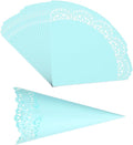 PATIKIL Wedding Confetti Cones, 50 Pcs Paper Tapers Hollow Print Lace Cone Bouquet for Party Candy Gift Boxes Chocolate Bags Buffet Bachelor Party Petals, Light Blue