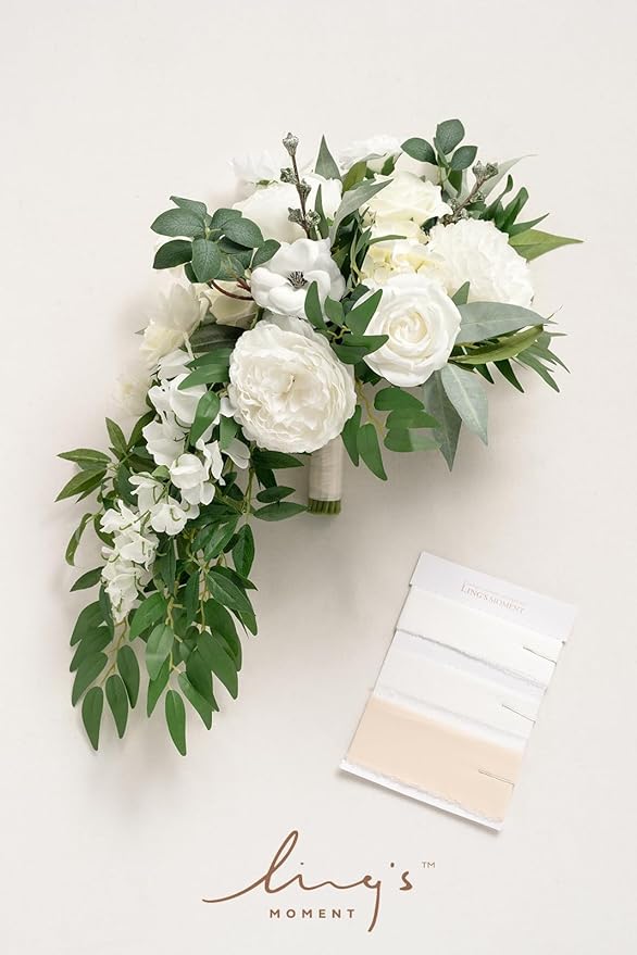Ling's Moment White Bridal Bouquet Cascading, Ivory Wedding Bouquets for Bride, 15 Inch Bride Bouquets for Wedding Artificial Flowers Bouquets
